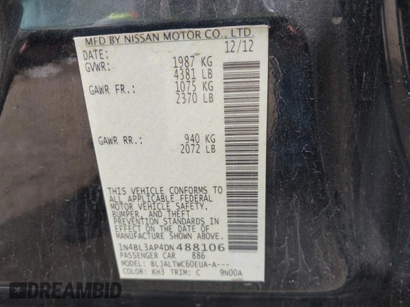 2013 Nissan Altima SL with VIN 1N4BL3AP4DN488106, listed as a IAAI auction lot 41904258 with 170,022 mi miles and . Bid and sale history available at DreamBid. Image 9.