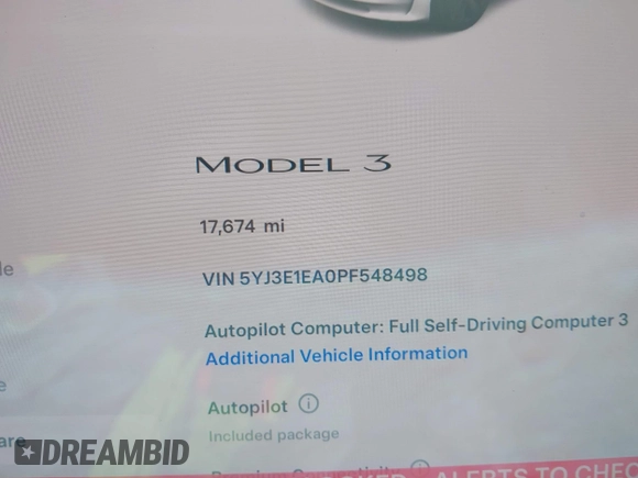 2023 Tesla Model 3 with VIN 5YJ3E1EA0PF548498, listed as a IAAI auction lot 42334326 with 17,674 mi miles and . Bid and sale history available at DreamBid. Image 7.