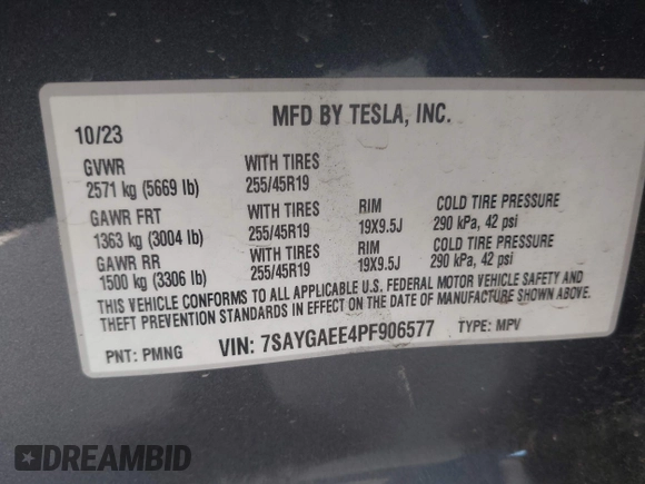 2023 Tesla Model Y Long Range with VIN 7SAYGAEE4PF906577, listed as a IAAI auction lot 42174987 with 13,260 mi miles and . Bid and sale history available at DreamBid. Image 9.