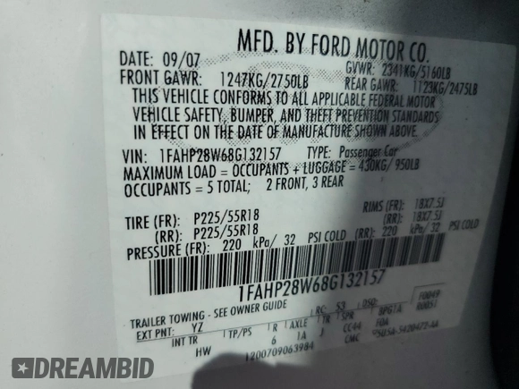 2008 Ford Taurus Limited with VIN 1FAHP28W68G132157, listed as a Copart auction lot 62026185 with 63,648 mi miles and Clean title. Bid and sale history available at DreamBid. Image 12.