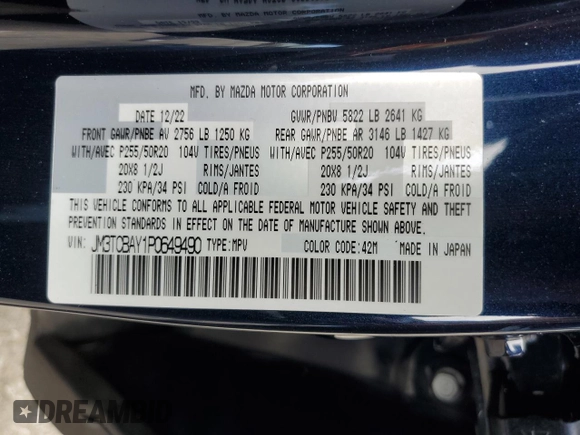2023 Mazda CX-9 Touring Plus with VIN JM3TCBAY1P0649490, listed as a Copart auction lot 52217915 with 20,716 mi miles and Salvage title. Bid and sale history available at DreamBid. Image 15.