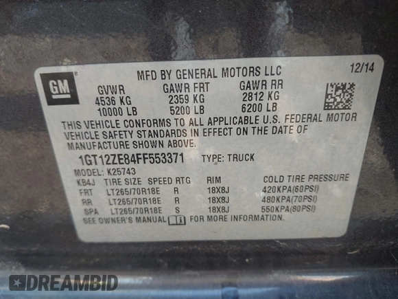 2015 GMC Sierra 2500HD SLT with VIN 1GT12ZE84FF553371, listed as a IAAI auction lot 42173249 with 247,703 mi miles and . Bid and sale history available at DreamBid. Image 9.