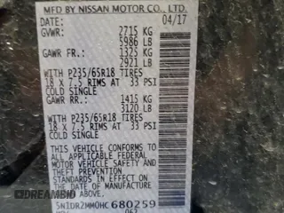 2017 Nissan Pathfinder Platinum with VIN 5N1DR2MM0HC680259, listed as a Copart auction lot 61242585 with 126,562 mi miles and Clean title. Bid and sale history available at DreamBid. Image 13.