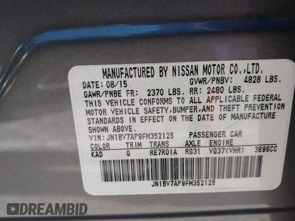 2015 Infiniti Q50 z VIN JN1BV7AP9FM352125, wystawiony jako IAAI lot #42262559 z przebiegiem 51 067 mil mil oraz . Historia ofert i sprzedaży dostępna na DreamBid. Obrazek 9.