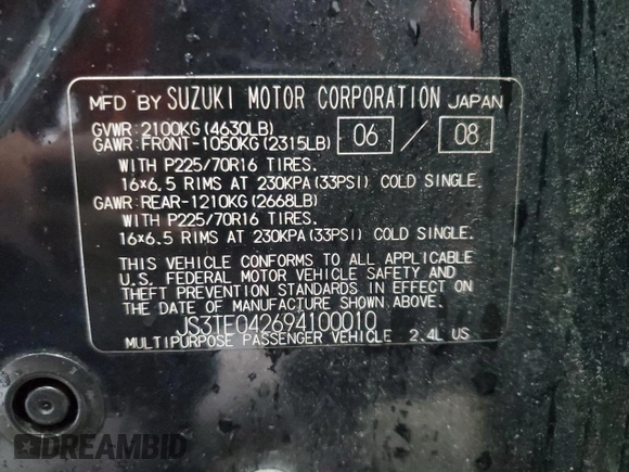 2009 Suzuki Grand Vitara with VIN JS3TE042694100010, listed as a Copart auction lot 56716225 with 148,495 mi miles and Salvage title. Bid and sale history available at DreamBid. Image 13.