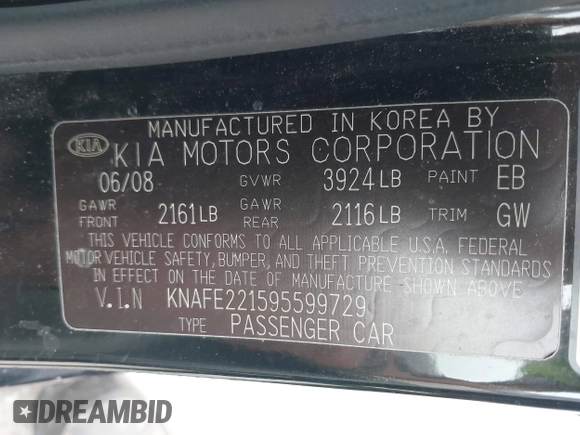 2009 Kia Spectra EX с VIN KNAFE221595599729, выставлен на аукционе IAAI как лот 42453663 с пробегом 84 044 миль миль и . История ставок и продаж доступна на DreamBid. Изображение 9.