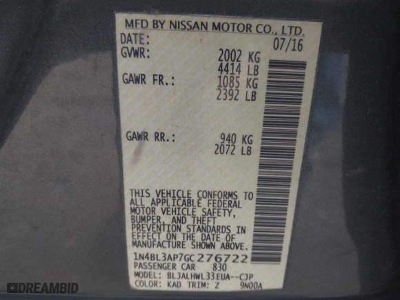 2016 Nissan Altima 3.5 SL with VIN 1N4BL3AP7GC276722, listed as a IAAI auction lot 41388100 with 154,182 mi miles. Bid and sale history available at carsss.com. Image 9.