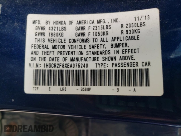 2014 Honda Accord Sedan EX-L with VIN 1HGCR2F8XEA075240, listed as a Copart auction lot 50204485 with 153,263 mi miles and Clean Title. Bid and sale history available at carsss.com. Image 12.