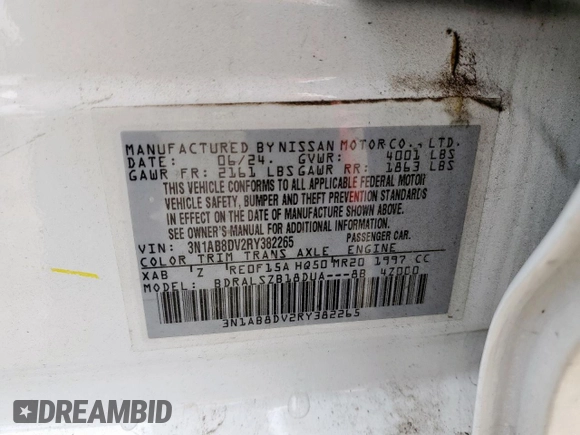 2024 Nissan Sentra SR with VIN 3N1AB8DV2RY382265, listed as a Copart auction lot 58528095 with 20,314 mi miles and Salvage title. Bid and sale history available at DreamBid. Image 12.