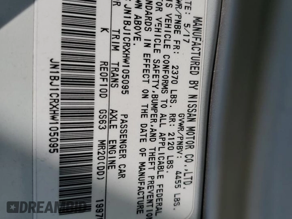 2017 Nissan Rogue Sport S with VIN JN1BJ1CRXHW105095, listed as a Copart auction lot 63677184 with 126,583 mi miles and Salvage Title. Bid and sale history available at carsss.com. Image 13.