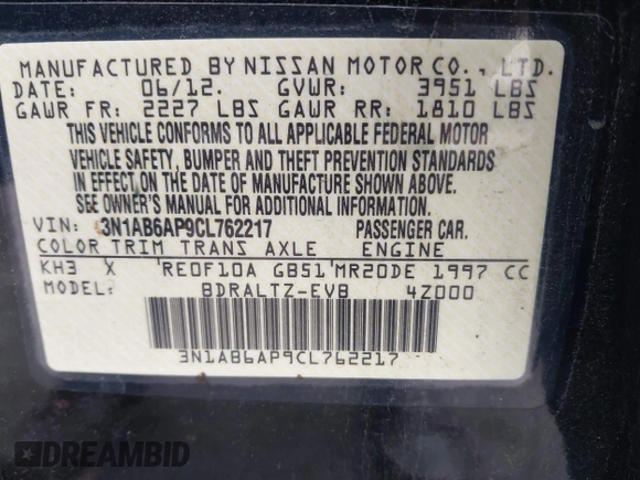 2012 Nissan Sentra SR with VIN 3N1AB6AP9CL762217, listed as a IAAI auction lot 42207671 with 105,641 mi miles and . Bid and sale history available at DreamBid. Image 9.