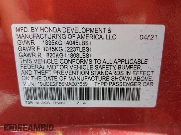 2021 Acura ILX w/Premium/A-SPEC Package with VIN 19UDE2F86MA007659, listed as a Copart auction lot 53266515 with 41,157 mi miles and Salvage Title. Bid and sale history available at carsss.com. Image 13.