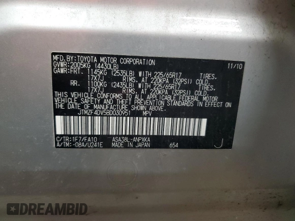 2011 Toyota RAV4 with VIN JTMZF4DV5BD030951, listed as a Copart auction lot 46638945 with 103,264 mi miles and Salvage Title. Bid and sale history available at DreamBid. Image 15.