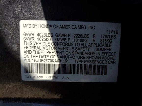 2019 Acura ILX w/Premium Pkg with VIN 19UDE2F70KA001151, listed as a Copart auction lot 48176315 with 68,024 mi miles and Salvage Title. Bid and sale history available at carsss.com. Image 12.