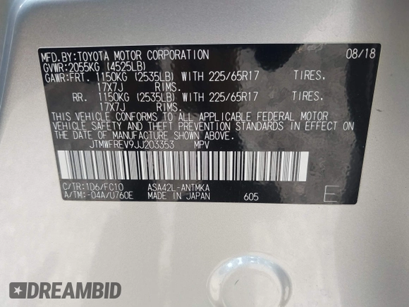2018 Toyota RAV4 XLE with VIN JTMWFREV9JJ203353, listed as a IAAI auction lot 42129995 with 41,806 mi miles and . Bid and sale history available at DreamBid. Image 9.