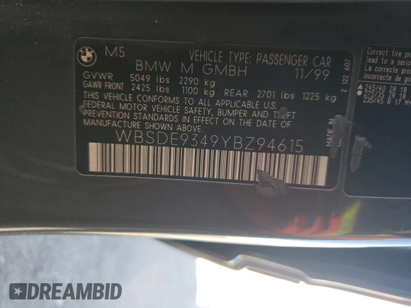 2000 BMW M5 z VIN WBSDE9349YBZ94615, wystawiony jako Copart lot #88802245 z przebiegiem 157 774 mil mil oraz Tytuł czysty. Historia ofert i sprzedaży dostępna na DreamBid. Obrazek 12.