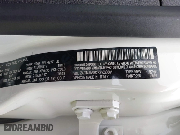 2019 Jeep Renegade Latitude z VIN ZACNJABB2KPK35081, wystawiony jako IAAI lot #42368128 z przebiegiem 94 908 mil mil oraz . Historia ofert i sprzedaży dostępna na DreamBid. Obrazek 9.