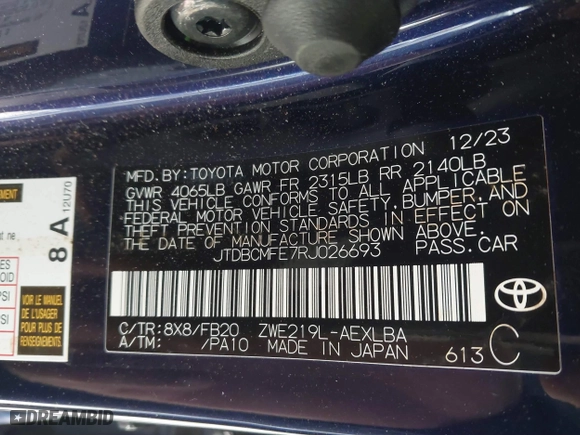 2024 Toyota Corolla Hybrid LE with VIN JTDBCMFE7RJ026693, listed as a IAAI auction lot 41647086 with 22,395 mi miles. Bid and sale history available at carsss.com. Image 9.