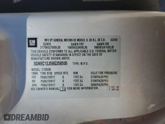 2008 Chevrolet Avalanche LS z VIN 3GNEC12J58G258506, wystawiony jako Copart lot #49299675 z przebiegiem 142 056 mil mil oraz Szkoda całkowita • Salvage title. Historia ofert i sprzedaży dostępna na DreamBid. Obrazek 14.