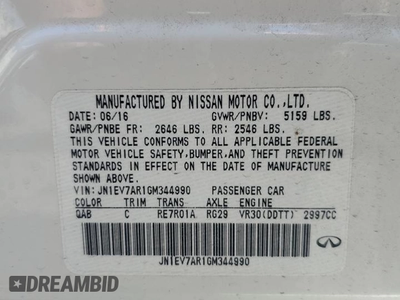 2016 Infiniti Q50 with VIN JN1EV7AR1GM344990, listed as a Copart auction lot 54622525 with 71,930 mi miles and Salvage Title. Bid and sale history available at DreamBid. Image 13.