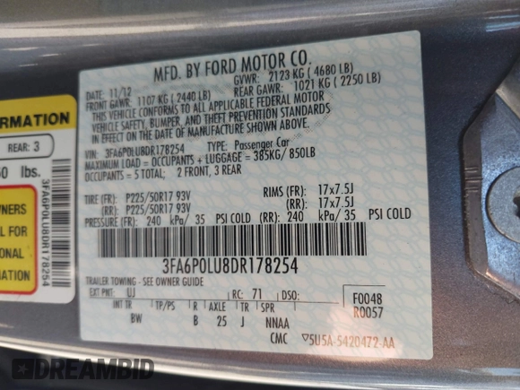 2013 Ford Fusion SE Hybrid with VIN 3FA6P0LU8DR178254, listed as a IAAI auction lot 42223543 with 139,995 mi miles and . Bid and sale history available at DreamBid. Image 9.