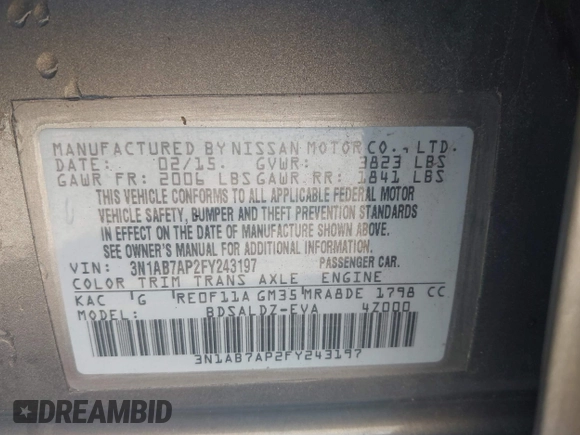 2015 Nissan Sentra SV with VIN 3N1AB7AP2FY243197, listed as a IAAI auction lot 41823476 with 66,736 mi miles and . Bid and sale history available at DreamBid. Image 9.