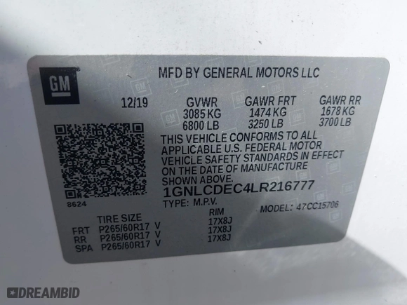 2020 Chevrolet Tahoe Commercial with VIN 1GNLCDEC4LR216777, listed as a IAAI auction lot 41637104 with 20 mi miles. Bid and sale history available at carsss.com. Image 9.
