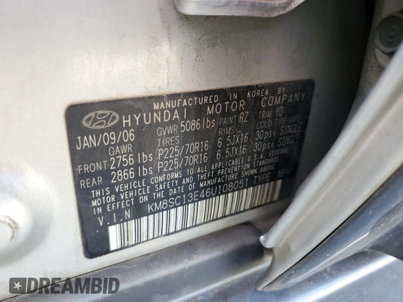 2006 Hyundai Santa Fe GLS with VIN KM8SC13E46U108051, listed as a Copart auction lot 77257554 with 169,059 mi miles and Clean Title. Bid and sale history available at carsss.com. Image 12.