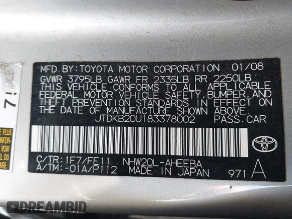 2008 Toyota Prius z VIN JTDKB20U183378002, wystawiony jako IAAI lot #42408794 z przebiegiem 227 839 mil mil oraz . Historia ofert i sprzedaży dostępna na DreamBid. Obrazek 9.