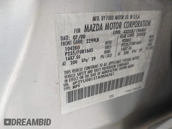 2001 Mazda Tribute LX with VIN 4F2YU08151KM06561, listed as a IAAI auction lot 41478779 with 54,826 mi miles and . Bid and sale history available at DreamBid. Image 9.