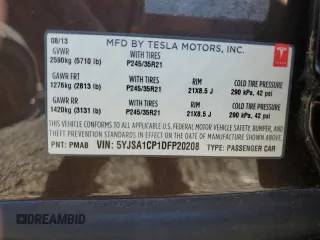2013 Tesla Model S Performance z VIN 5YJSA1CP1DFP20208, wystawiony jako Copart lot #56066035 z przebiegiem 71 513 mil mil oraz Szkoda całkowita • Salvage title. Historia ofert i sprzedaży dostępna na DreamBid. Obrazek 12.