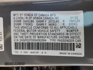 2025 Honda Civic Sedan Sport with VIN 2HGFE2F55SH562664, listed as a Copart auction lot 51850425 with 1,301 mi miles and Salvage Title. Bid and sale history available at carsss.com. Image 12.