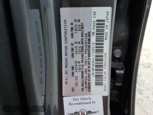 2020 Mazda 3 Premium with VIN JM1BPAEM4L1169510, listed as a Copart auction lot 38144903 with 33,253 mi miles and . Bid and sale history available at DreamBid. Image 12.