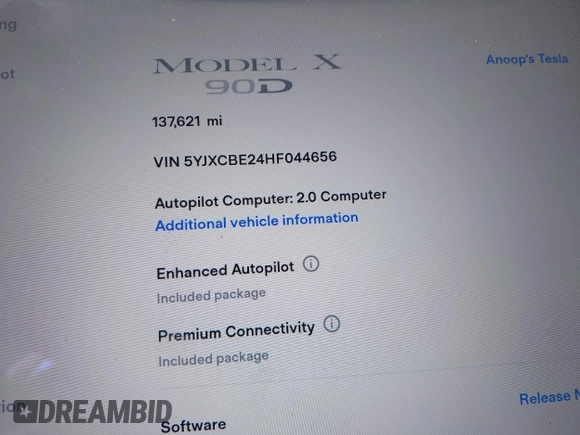 2017 Tesla Model X 90D z VIN 5YJXCBE24HF044656, wystawiony jako IAAI lot #40054420 z przebiegiem 137 621 mil mil oraz . Historia ofert i sprzedaży dostępna na DreamBid. Obrazek 16.