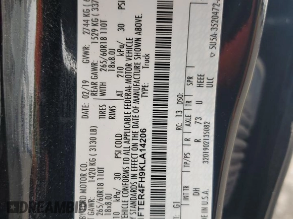 2019 Ford Ranger XL with VIN 1FTER4FH9KLA14206, listed as a Copart auction lot 63991185 with 49,359 mi miles and Salvage title. Bid and sale history available at DreamBid. Image 12.