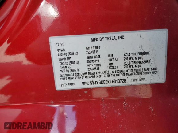2020 Tesla Model Y Long Range with VIN 5YJYGDEEXLF013726, listed as a Copart auction lot 50289805 with Not Provided miles and Salvage Title. Bid and sale history available at DreamBid. Image 13.