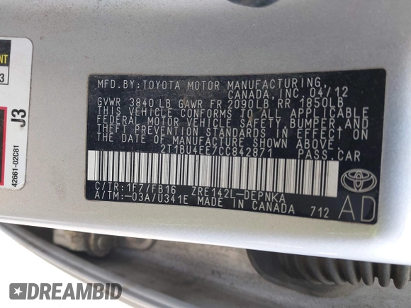 2012 Toyota Corolla L with VIN 2T1BU4EE7CC842871, listed as a IAAI auction lot 41782205 with 213,186 mi miles. Bid and sale history available at carsss.com. Image 9.