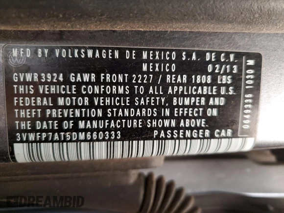 2013 Volkswagen Beetle Entry with VIN 3VWFP7AT5DM660333, listed as a Copart auction lot 55804995 with 89,249 mi miles and Clean Title. Bid and sale history available at DreamBid. Image 12.