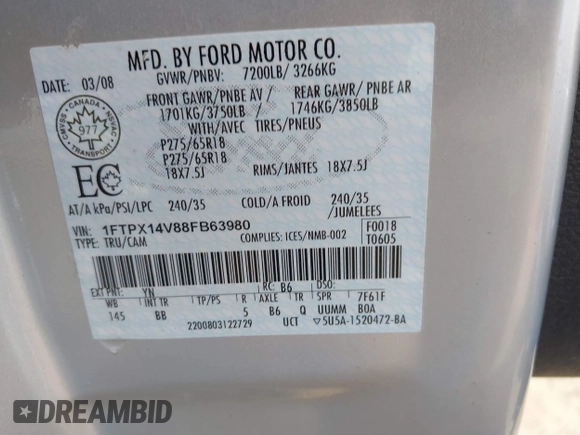 2008 Ford F-150 XLT with VIN 1FTPX14V88FB63980, listed as a IAAI auction lot 42193896 with 140,233 mi miles and . Bid and sale history available at DreamBid. Image 9.
