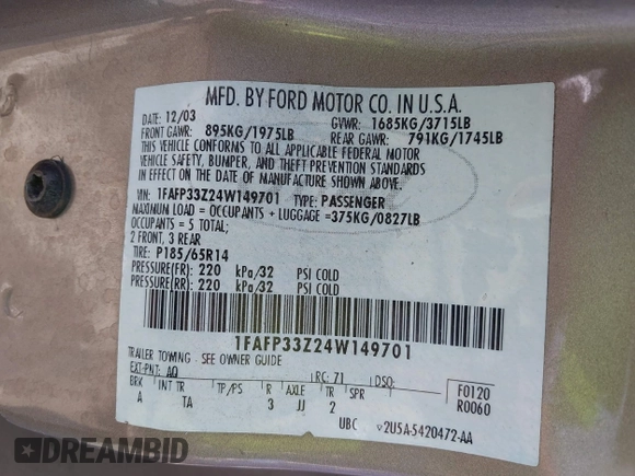 2004 Ford Focus z VIN 1FAFP33Z24W149701, wystawiony jako IAAI lot #42360188 z przebiegiem 152 415 mil mil oraz . Historia ofert i sprzedaży dostępna na DreamBid. Obrazek 9.