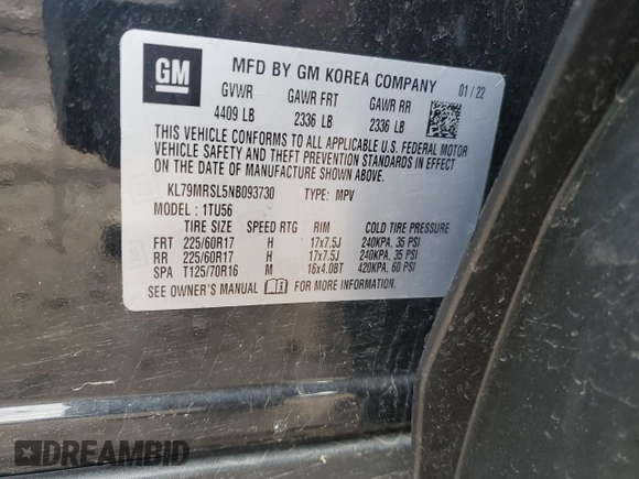 2022 Chevrolet TrailBlazer LT with VIN KL79MRSL5NB093730, listed as a Copart auction lot 52337644 with 22,458 mi miles and . Bid and sale history available at DreamBid. Image 13.