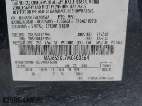 2021 Ford EcoSport Titanium z VIN MAJ6S3KL7MC400564, wystawiony jako IAAI lot #42050318 z przebiegiem 92 882 mil mil oraz . Historia ofert i sprzedaży dostępna na DreamBid. Obrazek 9.