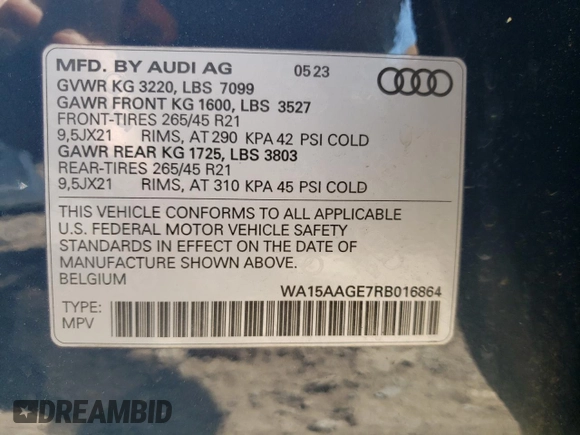 2024 Audi Q8 e-tron Premium Plus z VIN WA15AAGE7RB016864, wystawiony jako Copart lot #56564354 z przebiegiem 11 541 mil mil oraz Szkoda całkowita • Salvage title. Historia ofert i sprzedaży dostępna na DreamBid. Obrazek 14.