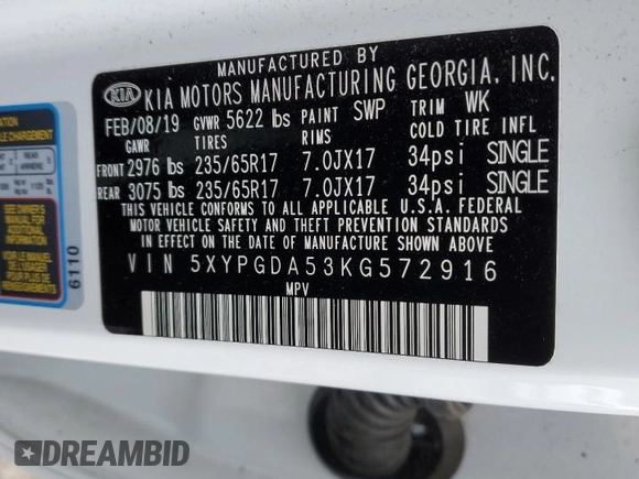 2019 Kia Sorento LX V6 with VIN 5XYPGDA53KG572916, listed as a Copart auction lot 46332115 with 93,941 mi miles and Salvage Title. Bid and sale history available at carsss.com. Image 14.