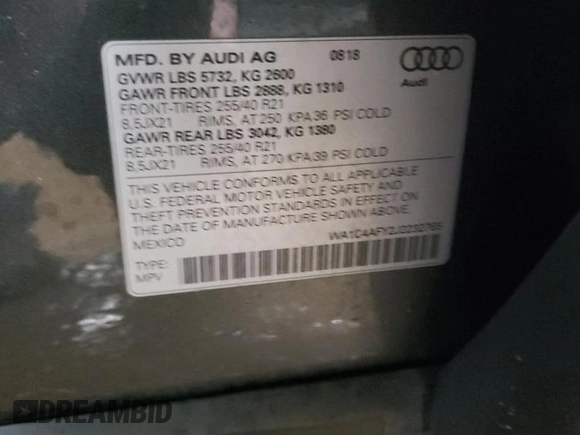 2018 Audi SQ5 Prestige with VIN WA1C4AFY2J2232765, listed as a Copart auction lot 42910454 with 52,752 mi miles and . Bid and sale history available at DreamBid. Image 13.