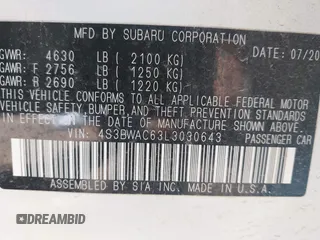 2020 Subaru Legacy Premium с VIN 4S3BWAC63L3030643, выставлен на аукционе IAAI как лот 42464663 с пробегом 47 785 миль миль и . История ставок и продаж доступна на DreamBid. Изображение 9.