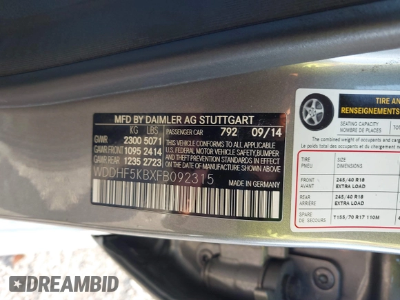 2015 Mercedes-Benz E 350 Sport with VIN WDDHF5KBXFB092315, listed as a IAAI auction lot 41881151 with 67,273 mi miles and . Bid and sale history available at DreamBid. Image 9.