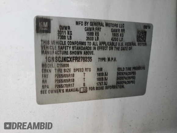 2015 Chevrolet Suburban LT with VIN 1GNSCJKCXFR278235, listed as a Copart auction lot 53805964 with 188,888 mi miles and Salvage Title. Bid and sale history available at DreamBid. Image 13.