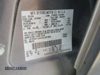 2004 Ford F-150 XLT with VIN 1FTPW14564KC81904, listed as a Copart auction lot 56889925 with Not provided miles and Salvage title. Bid and sale history available at DreamBid. Image 12.