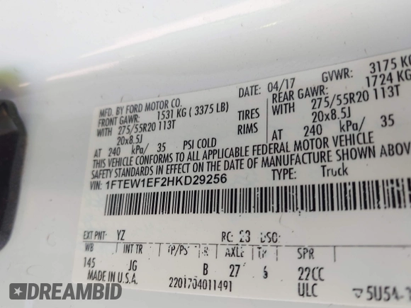2017 Ford F-150 XL with VIN 1FTEW1EF2HKD29256, listed as a IAAI auction lot 40857081 with 184,410 mi miles and . Bid and sale history available at DreamBid. Image 9.